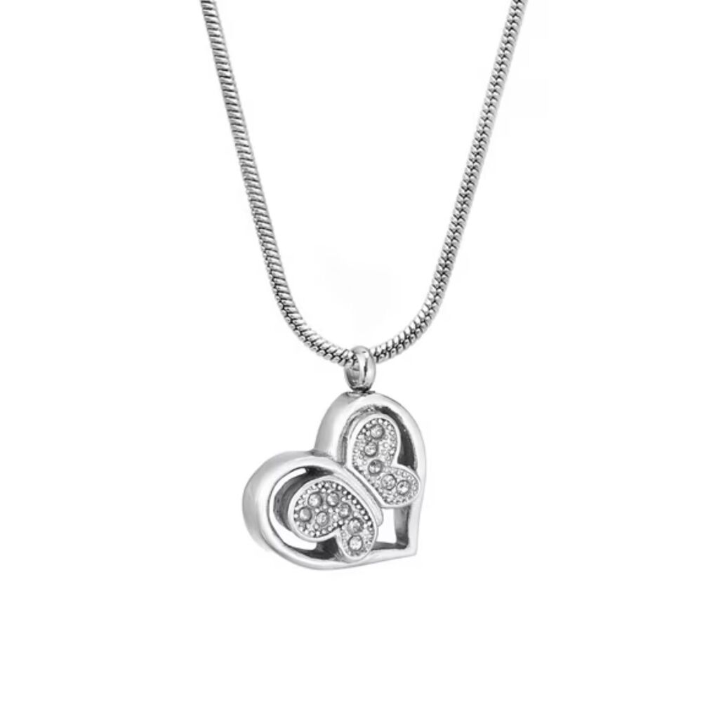 Butterfly Heart Crystal Cremation Locket Ashes Memorial Necklace Loved One